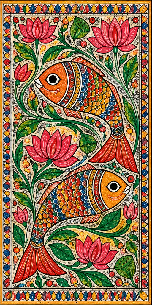 Madhubani-inspired with Lotus & Fish