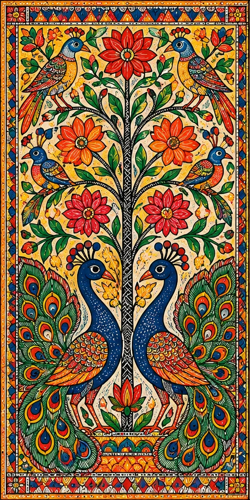 Original Madhubani-inspired painting with peacocks and floral motifs