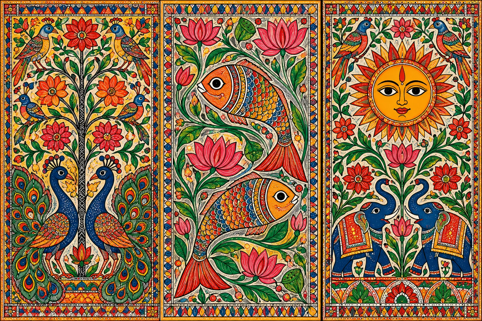 Colourful original Madhubani-inspired painting with peacocks, fish, lotus flowers and traditional folk-art motifs